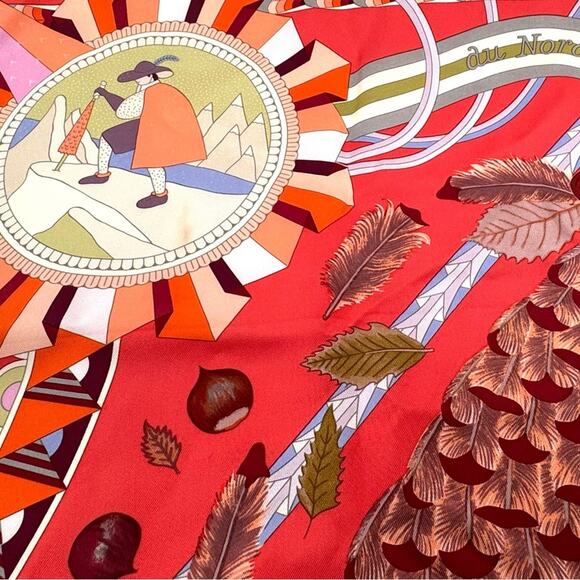 Hermes, silk scarf. The theme is the magic umbrella, coral colorway w/vignettes. - Picture 7 of 15